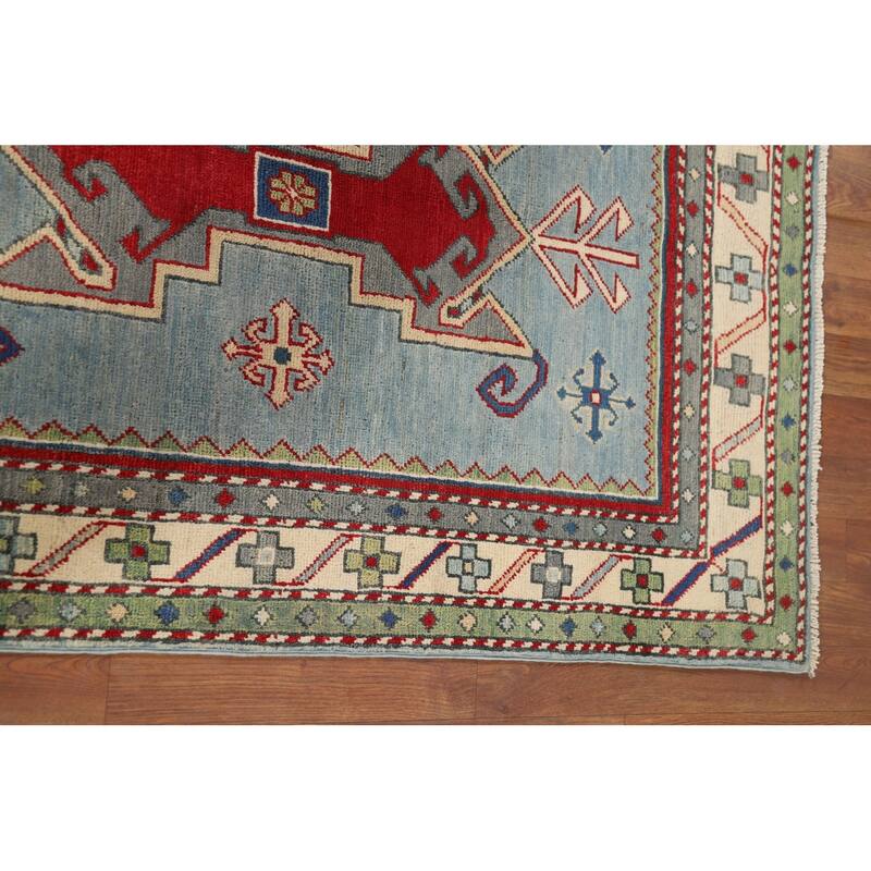 Light Blue Geometric Kazak Accent Rug Handmade Wool Carpet - 3'3" x 4'11"