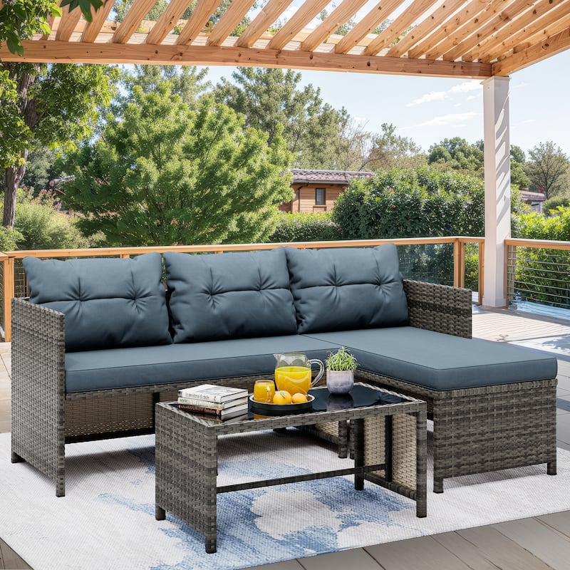 3-Piece Outdoor Wicker Sectional Sofa Set, Patio Furniture with Chaise Lounge & Coffee Table - N/A - Blue
