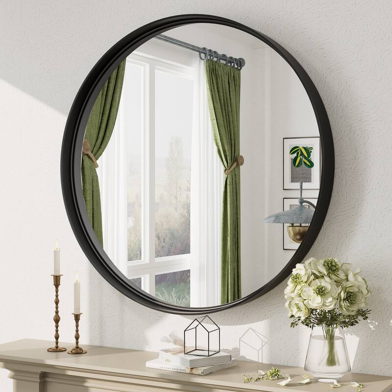 Round Tempered Glass and Metal Framed French Cleat Mounted Wall Bathroom / Vanity Mirror - 36" x 36" - Black