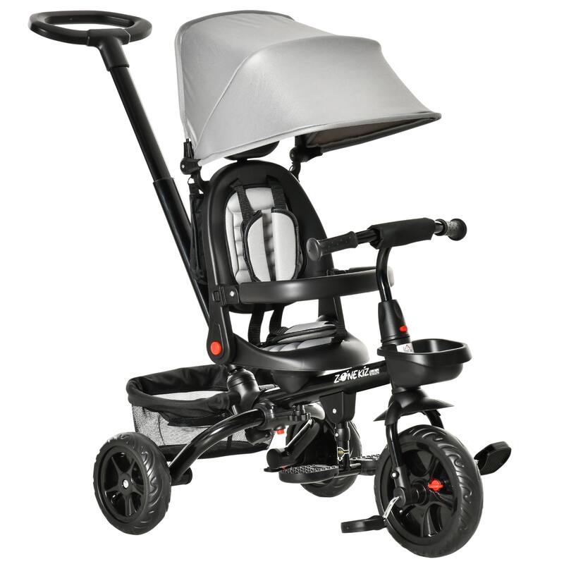 14-in-1 Kids Tricycle with Adjustable Parent Handle, Safety Bar, Storage Baskets, and Removable Canopy for Ages 1-5 - Grey
