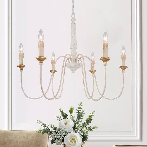 slide 1 of 9, 6-Light French Country Chandelier Farmhouse Wood Candle Dining Room Lighting - D30.5" x H25.5" D30.5" x H25.5" - Antiqued Gold/Distressed White