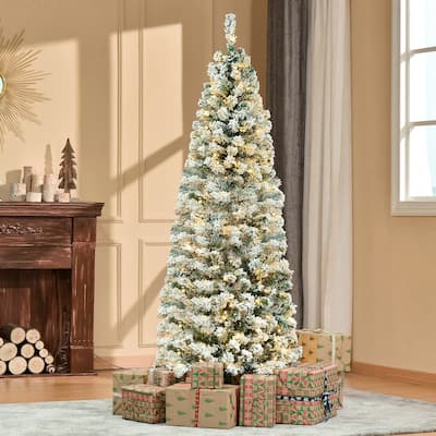 Pre-Lit 6ft Slim Snow-Flocked Douglas Fir Christmas Tree with Realistic Branches and 250 LED Lights for Home Office Decor