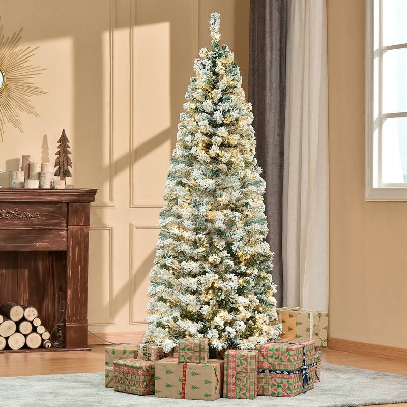Pre-Lit Snow Flocked Artificial Christmas Tree with Warm LED Lights and Steel Base, Multiple Heights