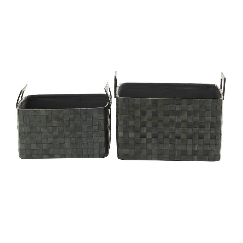 Sleek Leather Modern Storage Basket with Handles (Set of 2) - Dark Blue or Brown