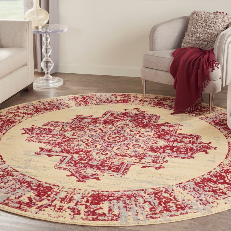 Nourison Grafix Distressed Vintage Medallion Area Rug - 8' Round - Cream/Red