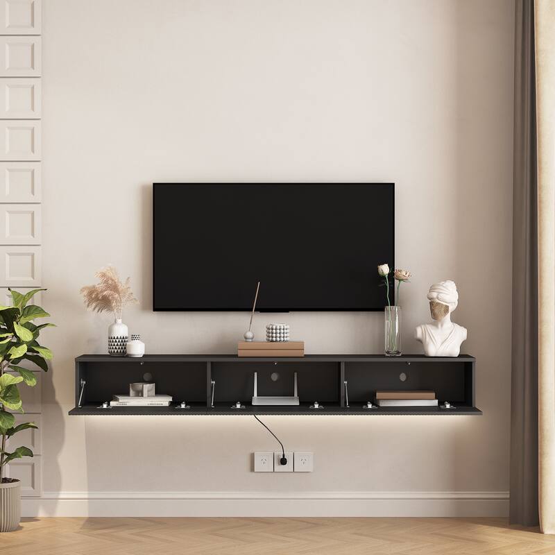 Modern Floating Wall-Mounted TV Cabinet, for 55, 60 and 65 Inch TVs, with 16-Color LED Lights, for Living Rooms, Black