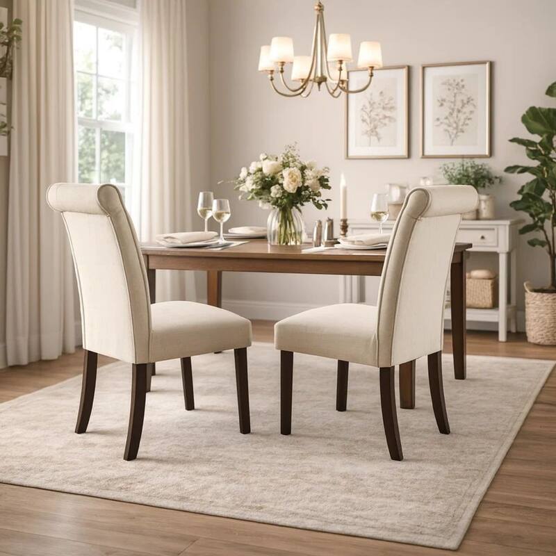 Fabric Upholstered Wooden Side Chair with Button Tufted Back, Beige and Brown