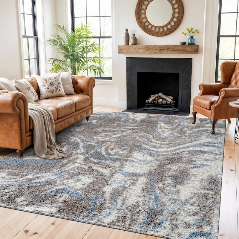 Abstract Marble Shag Rug - Anthracite Dark Gray - Plush Medium Pile, Durable with Jute Backing - Blue - 7' 10" x 10'