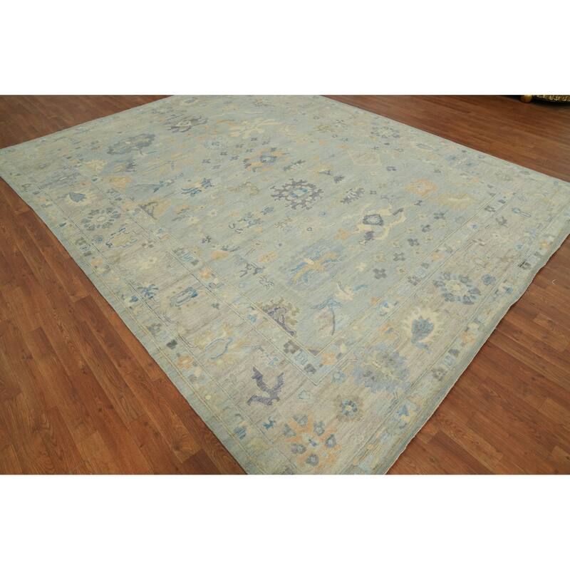 Vegetable Dye Wool Oushak Turkish Area Rug, Floral Geometric Carpet - 11' 8'' X 9' 0''
