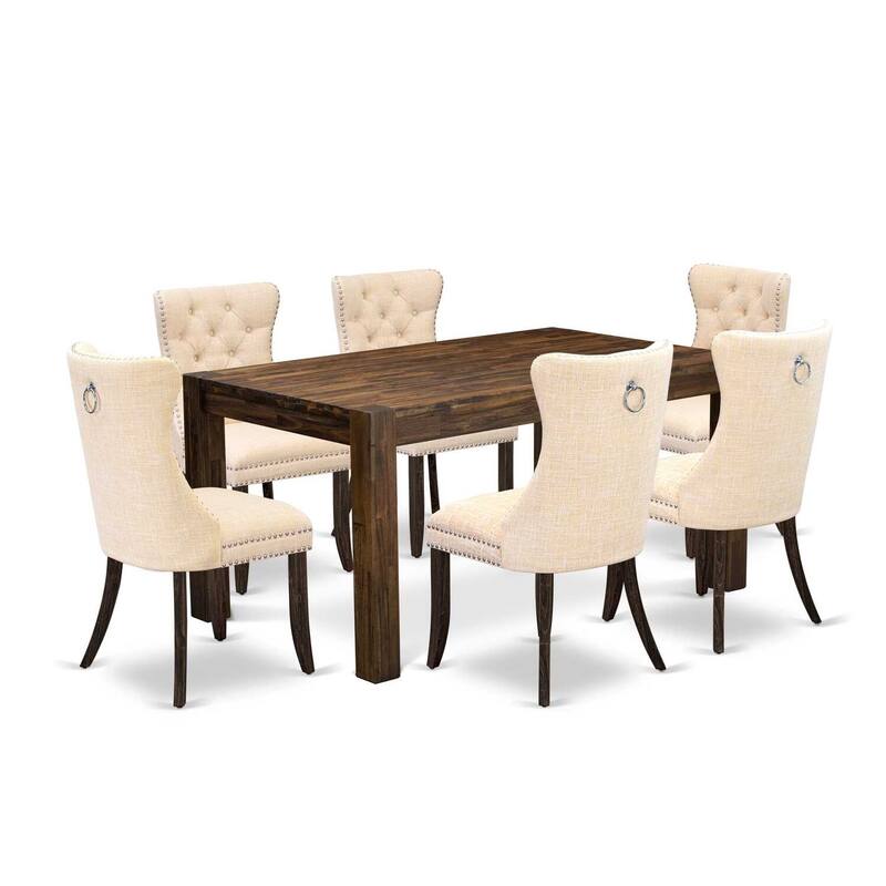 Rustic 7 Piece Dining Set - Wood Kitchen Table with 6 Padded Chairs