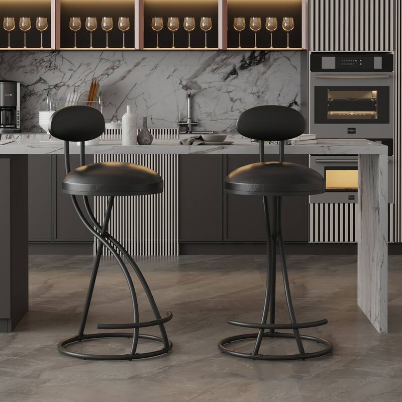 Round Bar Stool Armless Velvet Barstools with Back Set of 2 Upholstered Counter Chair for Dining Room, Kitchen Island - Black