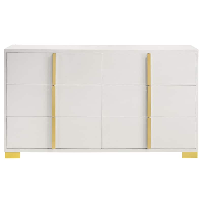 Dex 59 Inch Wide Dresser, 6 Drawers with Long Vertical Gold Handles, White