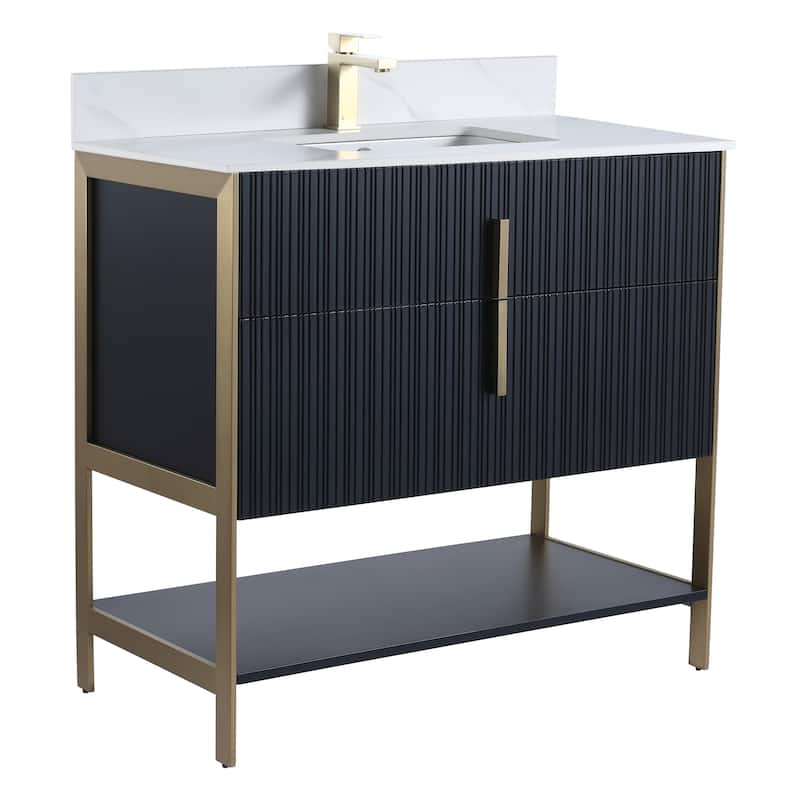 Fine Fixtures Serenity Modern Bathroom Vanity with White Carrara Stone Top - Black Matte - Brass Hardware - 36 inch