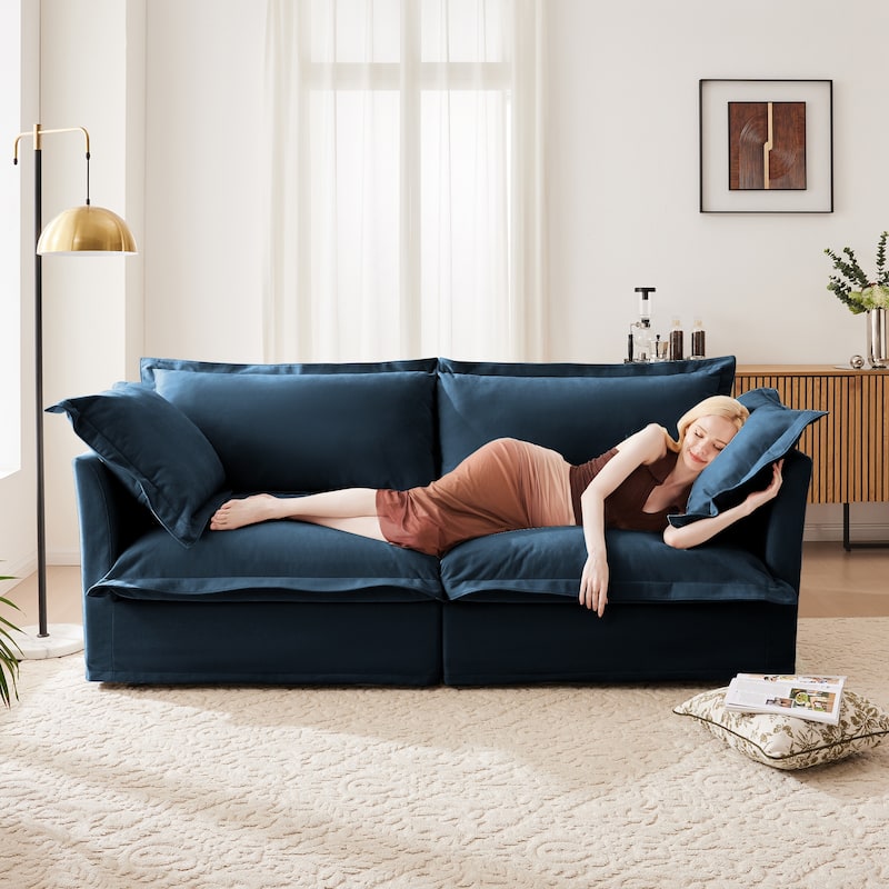 Modern Slipcovered 2-Seat Chenille Deep Seat Sofa Couches - Blue