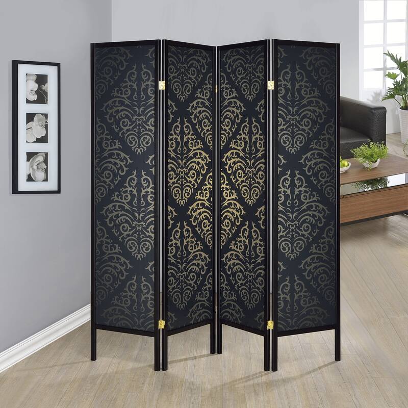 Haidera Black 4-panel Damask Pattern Folding Screen