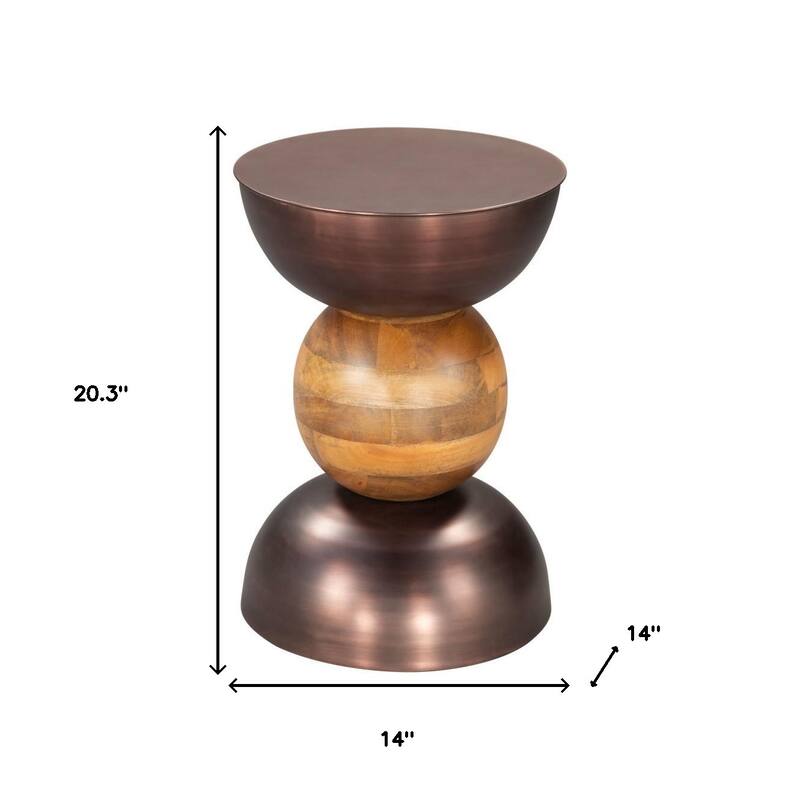 HomeRoots 20" Bronze and Brown Iron and Solid Wood Round Pedestal End Table - 14' X '20.3' X '14