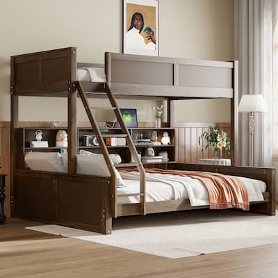 Twin XL / Full XL over Queen Size Bunk Bed with Storage Cabinets and Ladder, Multi-functional Kids Bed Frame with USB Ports