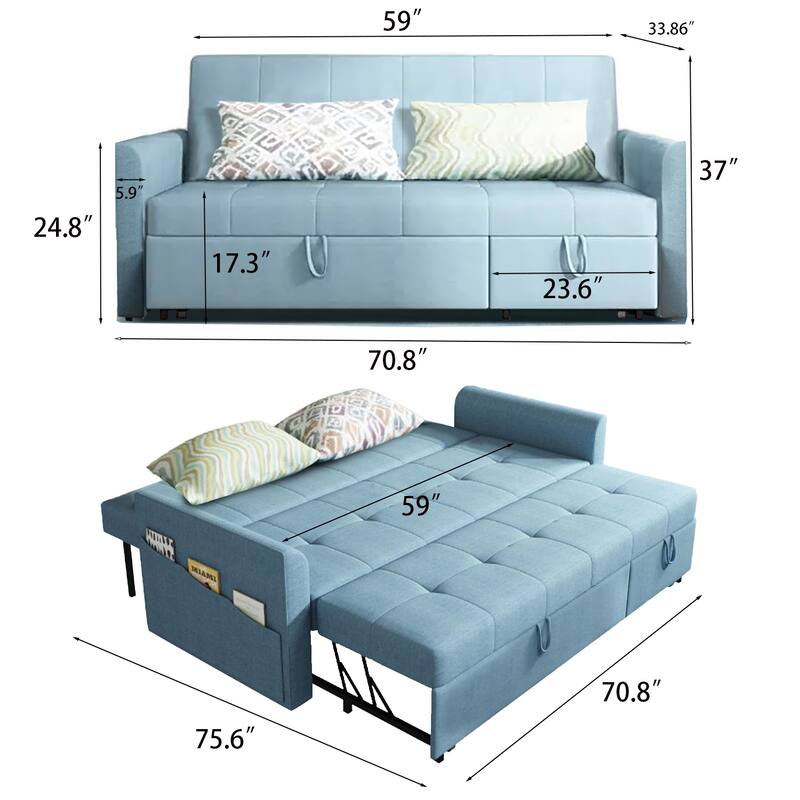JASIWAY Linen Convertible Sleeper Sofa Chair Bed with Storage, Blue