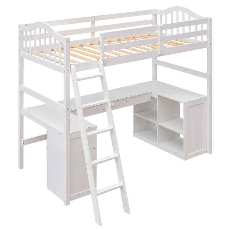 Twin Size Loft Bed with Desk, Storage Drawers, and Shelves, Solid Pine Wood Frame