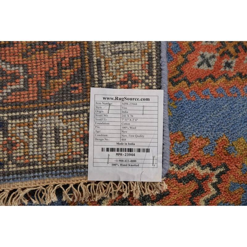 Blue Geometric Viss Indian Runner Rug Handmade Wool Carpet - 2'6"x 7'11"