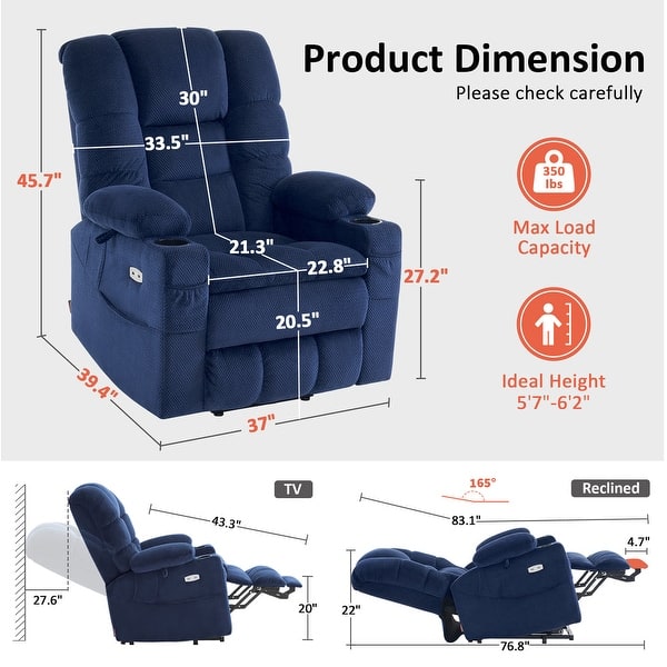 dimension image slide 4 of 5, MCombo Large Dual Motor Power Lift Recliner Chair with Massage and Dual Heating for Big and Tall Elderly People, Fabric 7634