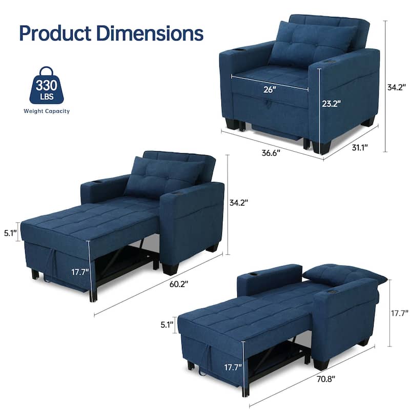 Futon Chair Bed Convertible Chair 3-in-1 Pull Out Sleeper Chair Beds for Living Room