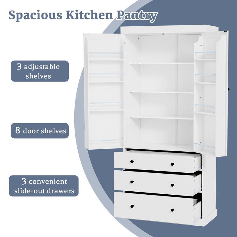 Kitchen Pantry Large Capacity Buffet Cabinet with 3 Drawers, White