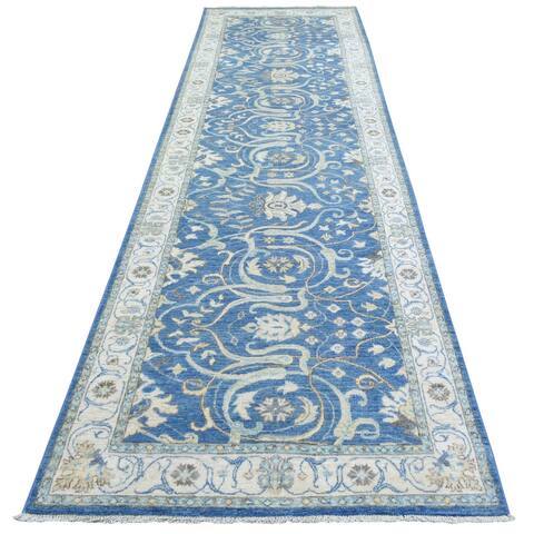Shahbanu Rugs Sapphire Blue Fine Peshawar Heriz Design Natural Dyes Dense Weave Wool Hand Knotted Wide Runner Rug (3'9"x13'3")