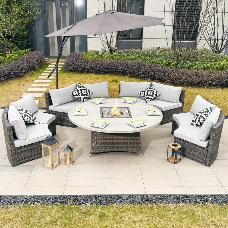 9-piece Outdoor Rattan Conversation Set Sectional Sofa Set with Aluminum Fire Pit Table - Grey