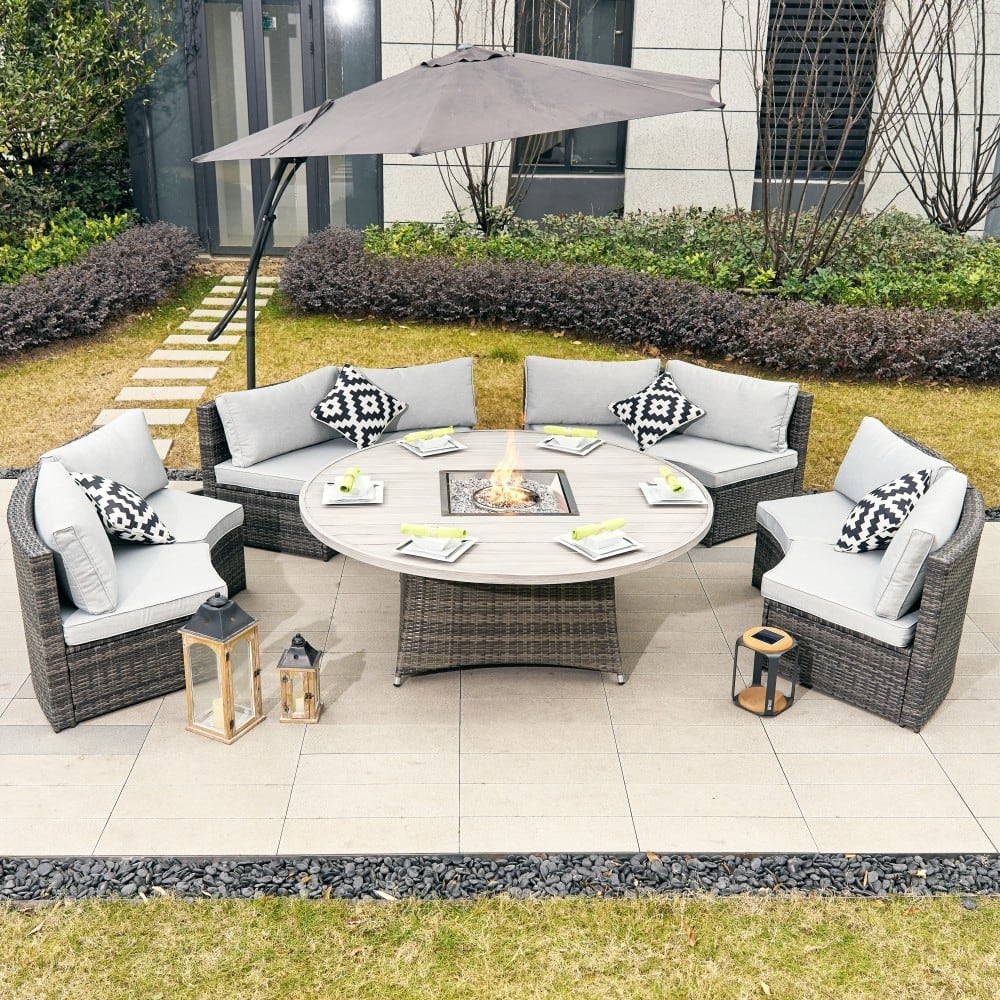 9-piece Outdoor Rattan Conversation Set Sectional Sofa Set with Aluminum Fire Pit Table