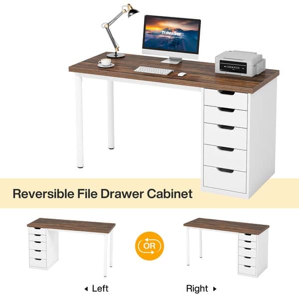 dimension image slide 1 of 4, 47-inch Computer Desk with 5-drawer, Wood and Metal Writing Desk for Study Living Room