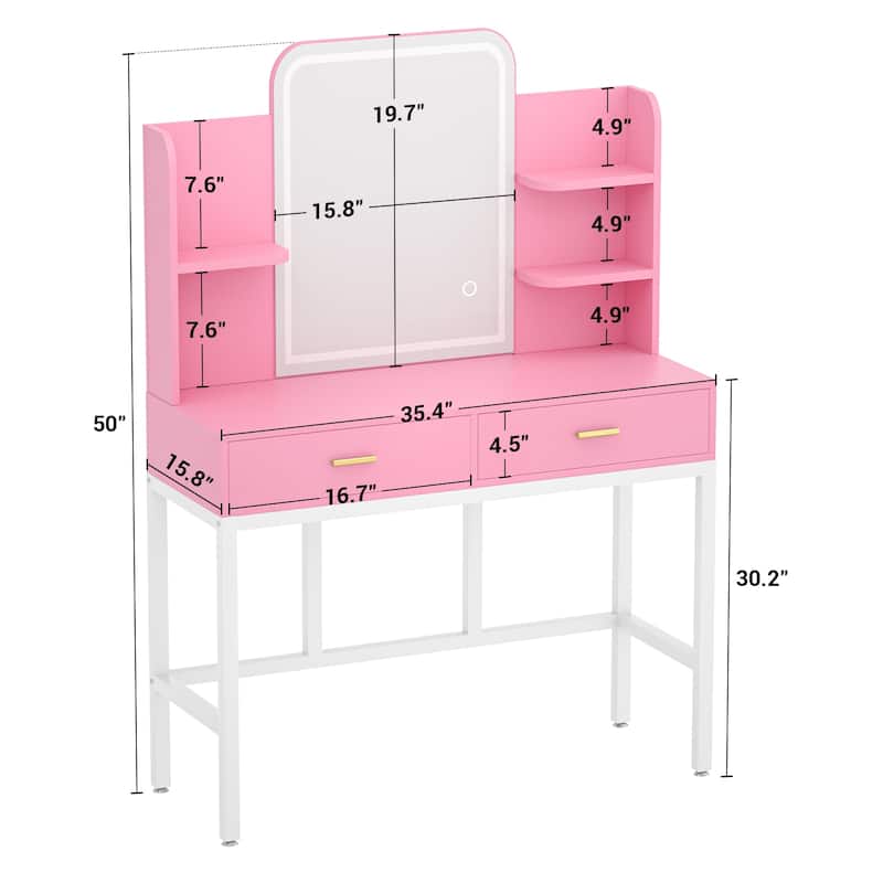 Vanity Table with LED Mirror, Kid's Makeup Vanity Desk with 2 Storage Drawers