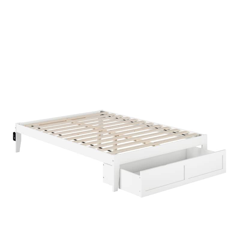 Full Bed with Drawer & USB - Solid Wood Frame, Slat Kit Included - Walnut Finish