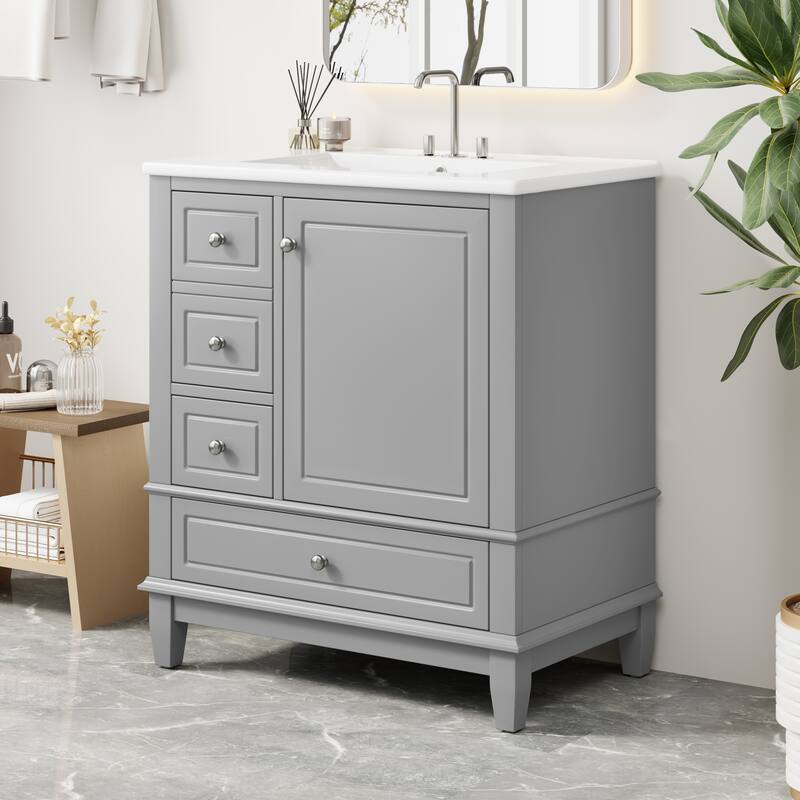 30" Bathroom Vanity with Sink - Soft Close Door, 3 Drawers & Storage Shelf, Modern Single Basin Cabinet