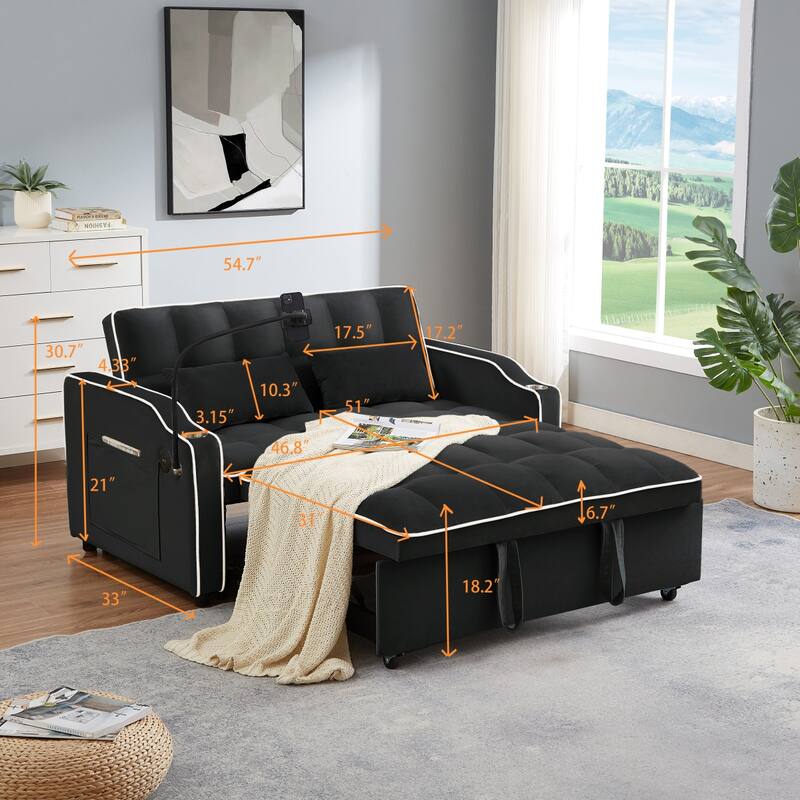 Convertible Sofa Bed with Adjustable Backrest and Side Pocket, Velvet Pull Out Sofa Couch with USB Port, Ashtray and Phone Stand