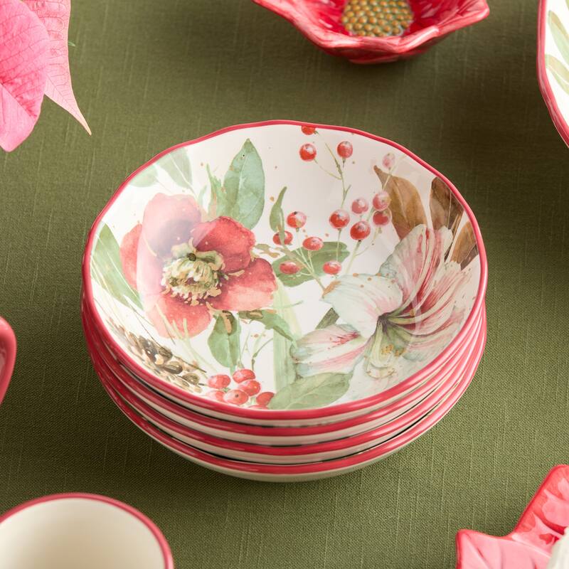 Certifed International Winter Blooms Set of 4 Soup/Cereal Bowls 8" x 2" 4 Assorted Designs - 8 L x 8 W x 2 H