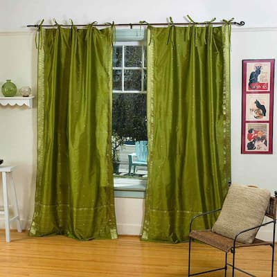 Olive Green Tie Top Sheer Sari Curtain / Drape / Panel - Piece