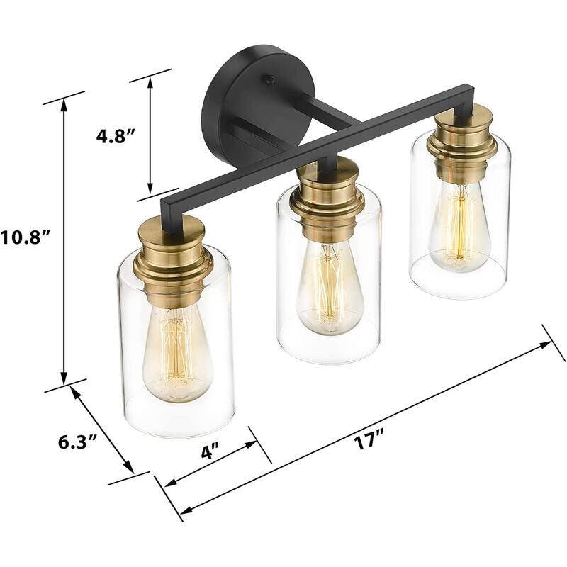 3-Light Modern Bathroom Light with Clear Glass,Black and Gold Finish