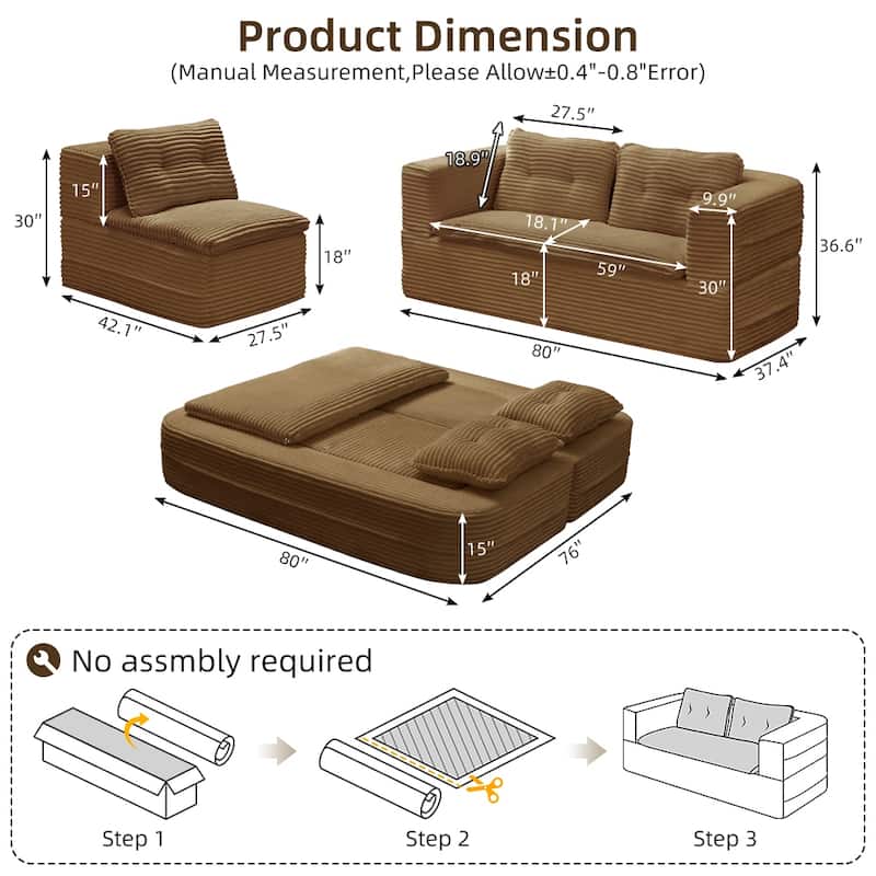 Convertible Floor Sofa Bed with Chaise Lounge, Corduroy 3-in-1 Sofa, Sofa to Bed with Dual-Purpose Blanket, No Assembly Required