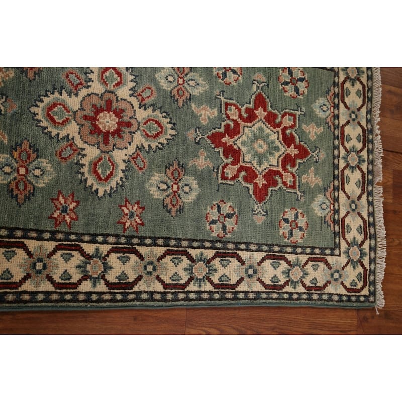 Green Geometric Kazak Oriental Runner Rug Handmade Wool Carpet - 2'2" x 5'11"