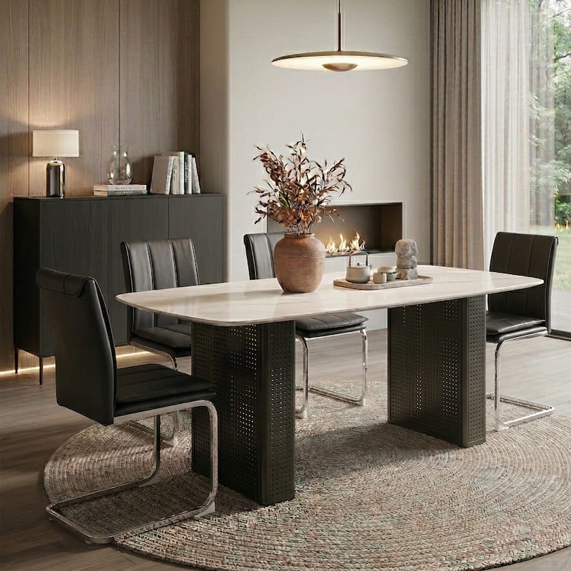 Modern Rectangular Tempered Glass Dining Table, Marble-Patterned Design with Black Dual-Pedestal Metal Base for Dining Room