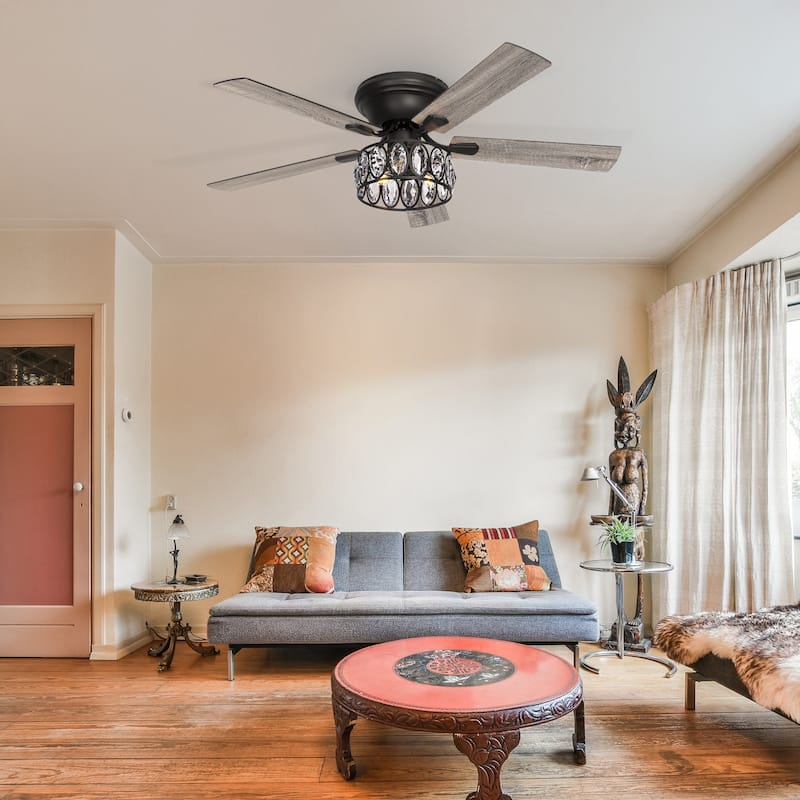 52" Flush Mount 5-Blade Modern Crystal Indoor Ceiling Fan with Light Kit and Remote