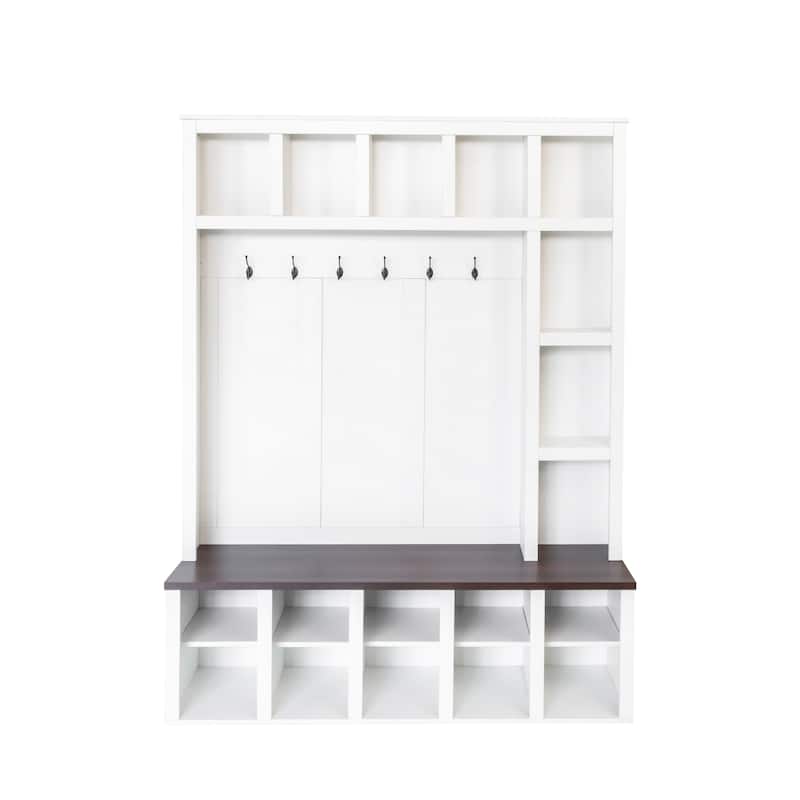 4-in-1 Wood Coat Rack with 6 Hooks, Adjustable Shelves and 13 Cubbies