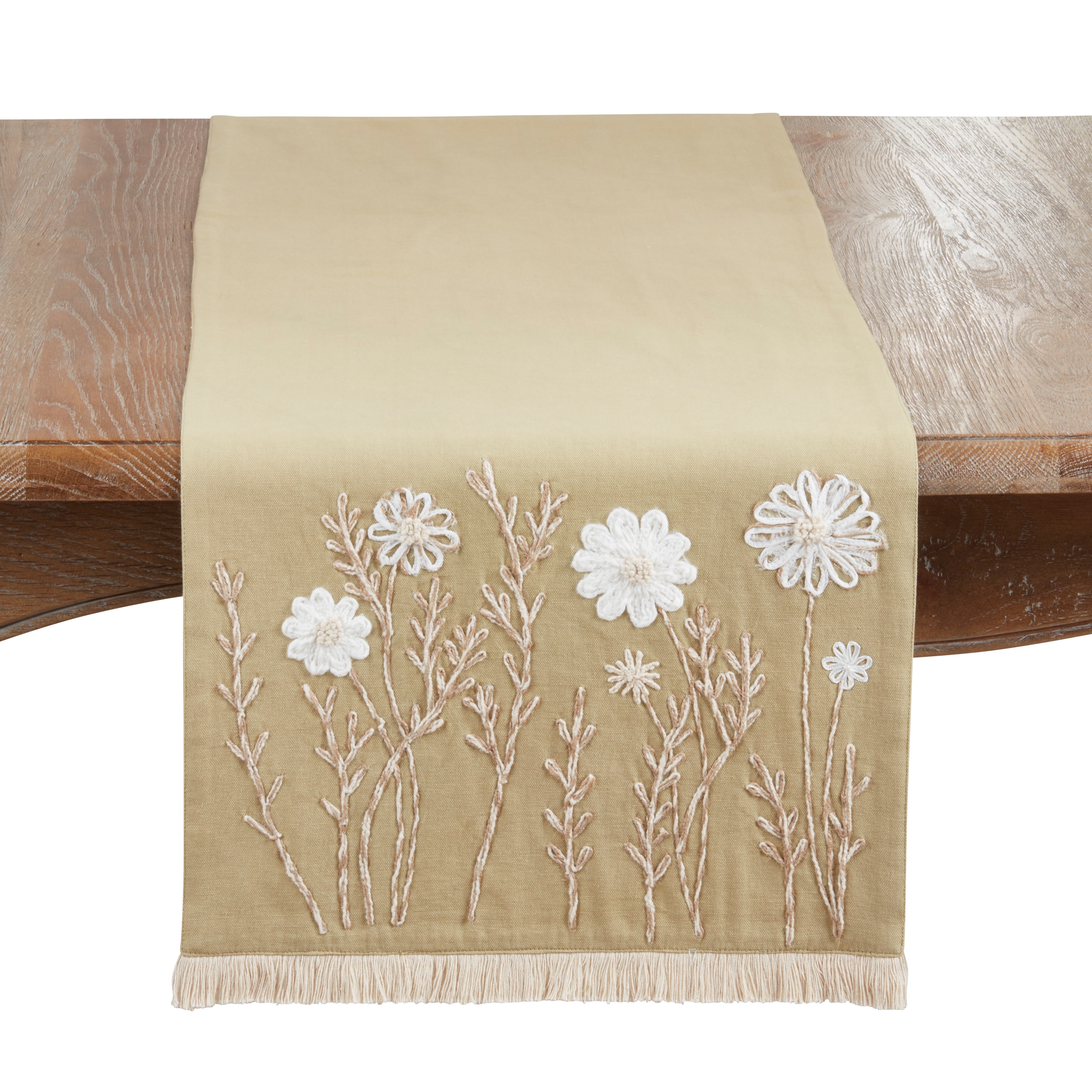 Embroidered Floral Table Runner - Lined Decorative Table Runner with Fringe for Dining & Console Tables, 16"x72"