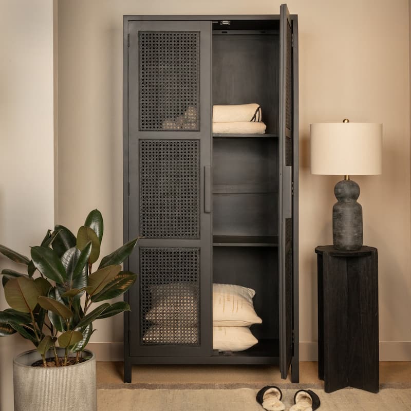 Mango Wood and Cane Curio Cabinet with 3 Shelves and 2 Doors