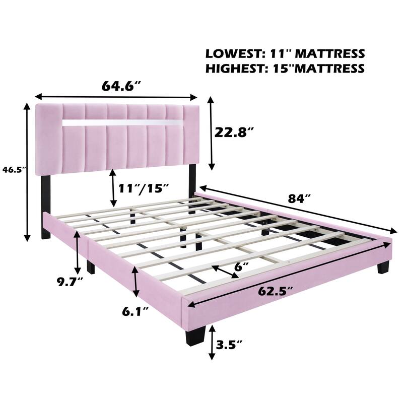 Pink Modern Velvet Upholstered Platform Bed with Adjustable Features for Bedroom
