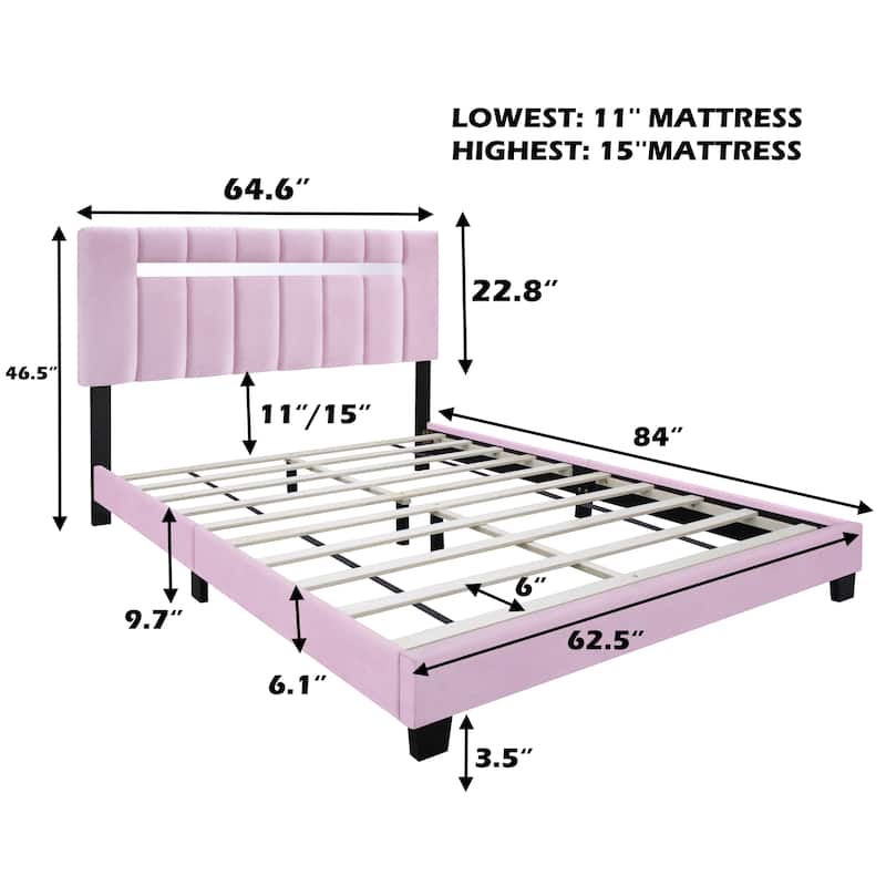 Queen Size Velvet Upholstered Bed Frame with Adjustable Features, Teenage Girl's Favorite Collection