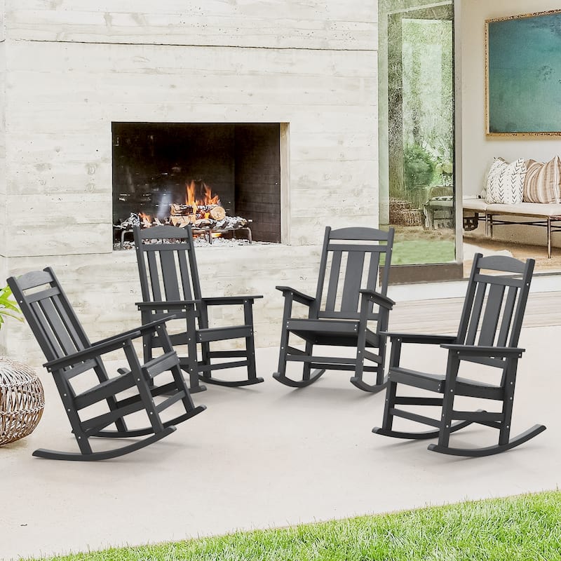 LUE BONA Plastic Outdoor Patio Adirondack Rocking Chairs For Porch Set of 4 - 34.6"D x 28"W x 43.7"H - Dark Grey