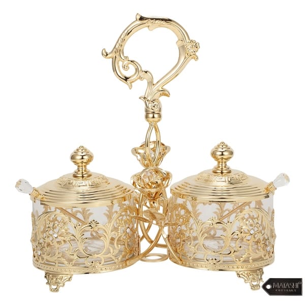 slide 2 of 7, Matashi 24K Gold Plated Crystal Studded Two Cup Candy Dish / Salt Holder