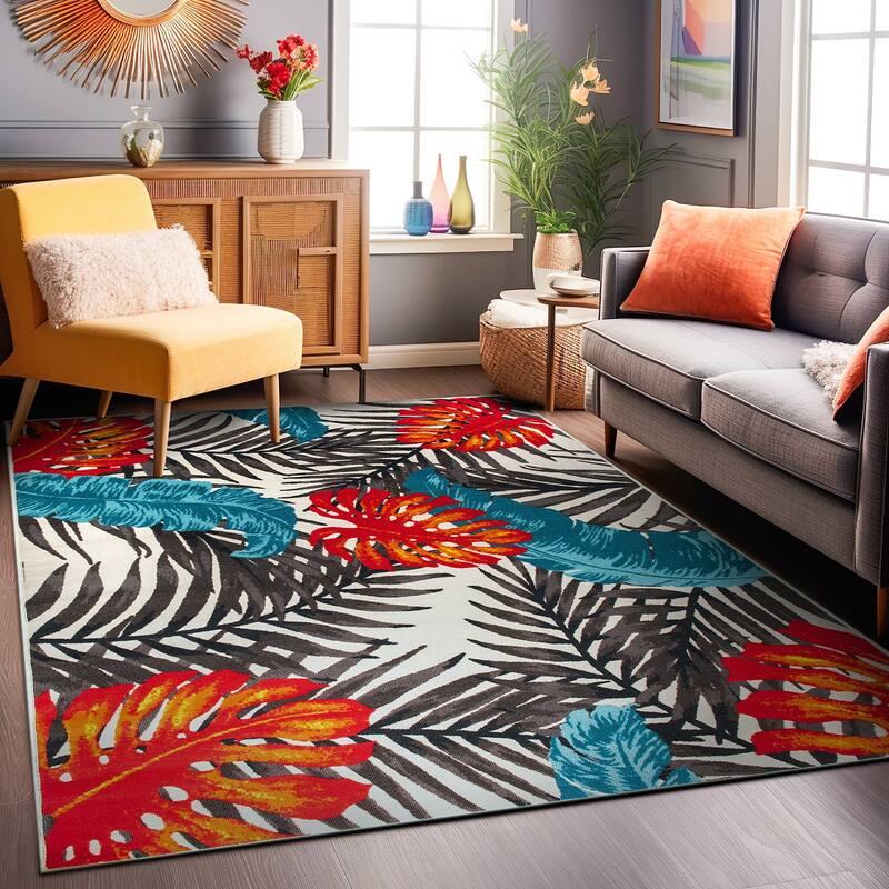 Contemporary Tropical Floral Leaves Non Slip Area Rug